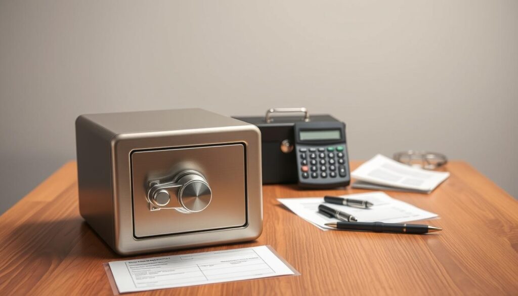 A well-organized emergency fund, represented by a sturdy metal safe or lockbox, resting on a wooden table. The safe is positioned in the foreground, with a soft, warm lighting illuminating its polished surface, conveying a sense of security and reliability. In the middle ground, various financial documents, a calculator, and a pen are neatly arranged, suggesting the careful planning and management of personal finances. The background features a muted, neutral-toned wall, allowing the central focus to remain on the emergency fund and the associated financial tools. The overall composition and lighting create a calming, professional atmosphere, reflecting the importance of a well-prepared emergency fund in personal finance management. A well-organized emergency fund, represented by a sturdy metal safe or lockbox, resting on a wooden table. The safe is positioned in the foreground, with a soft, warm lighting illuminating its polished surface, conveying a sense of security and reliability. In the middle ground, various financial documents, a calculator, and a pen are neatly arranged, suggesting the careful planning and management of personal finances. The background features a muted, neutral-toned wall, allowing the central focus to remain on the emergency fund and the associated financial tools. The overall composition and lighting create a calming, professional atmosphere, reflecting the importance of a well-prepared emergency fund in personal finance management.