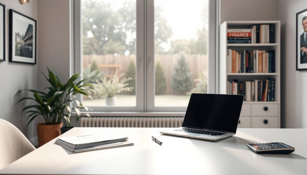 A well-organized home office with a clean, uncluttered desk and a large window overlooking a tranquil garden. On the desk, a laptop and a stack of financial documents, along with a pen and a calculator, suggesting the act of budgeting and managing personal finances. Soft, natural lighting filters through the window, creating a serene and focused atmosphere. The walls are adorned with simple, minimalist artwork, complementing the overall aesthetic. In the background, a bookshelf filled with various finance and self-improvement books, hinting at the owner's diligence and attention to personal finance management. The overall scene conveys a sense of control, organization, and a thoughtful approach to managing household budgets and debts.