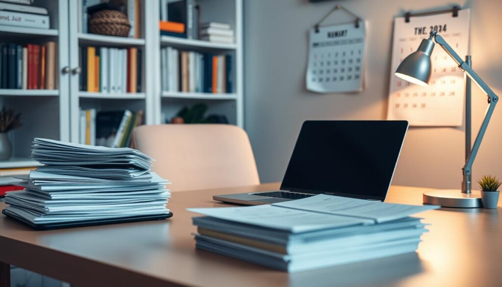 A well-organized home office with a clear desk, a laptop, and a stack of financial documents neatly arranged. Soft, warm lighting from a desk lamp casts a cozy glow, creating a focused and productive atmosphere. In the background, a bookshelf filled with finance-related books and a wall calendar displaying the current month. The overall scene conveys a sense of financial control and responsible debt management.