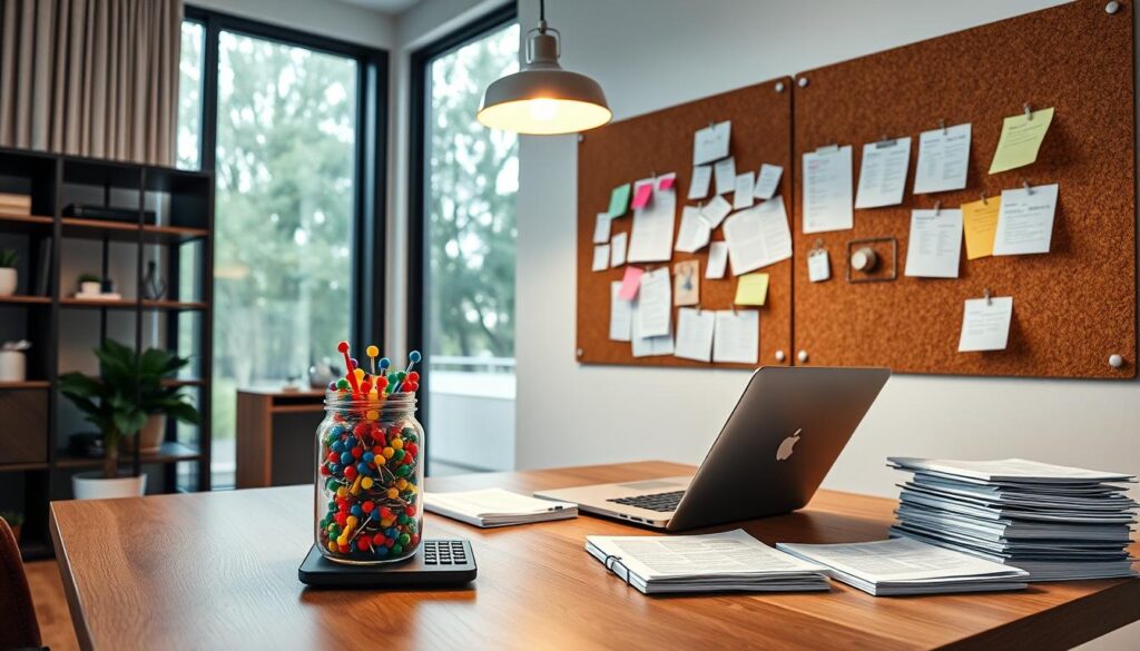 A well-organized home office with a modern, minimalist aesthetic. In the foreground, a sleek wooden desk with a laptop, calculator, and neatly stacked papers. On the desk, a glass jar filled with colorful pushpins, symbolizing the organization and attention to detail required for effective debt management. In the middle ground, a large corkboard with color-coded notes and financial documents pinned up, creating a sense of structure and control. The background features floor-to-ceiling windows, allowing natural light to flood the space and creating a serene, calming atmosphere. Overhead, a simple pendant light casts a warm glow, enhancing the productive and focused mood. The overall scene conveys a sense of financial discipline, efficiency, and a desire to take charge of one's economic future.