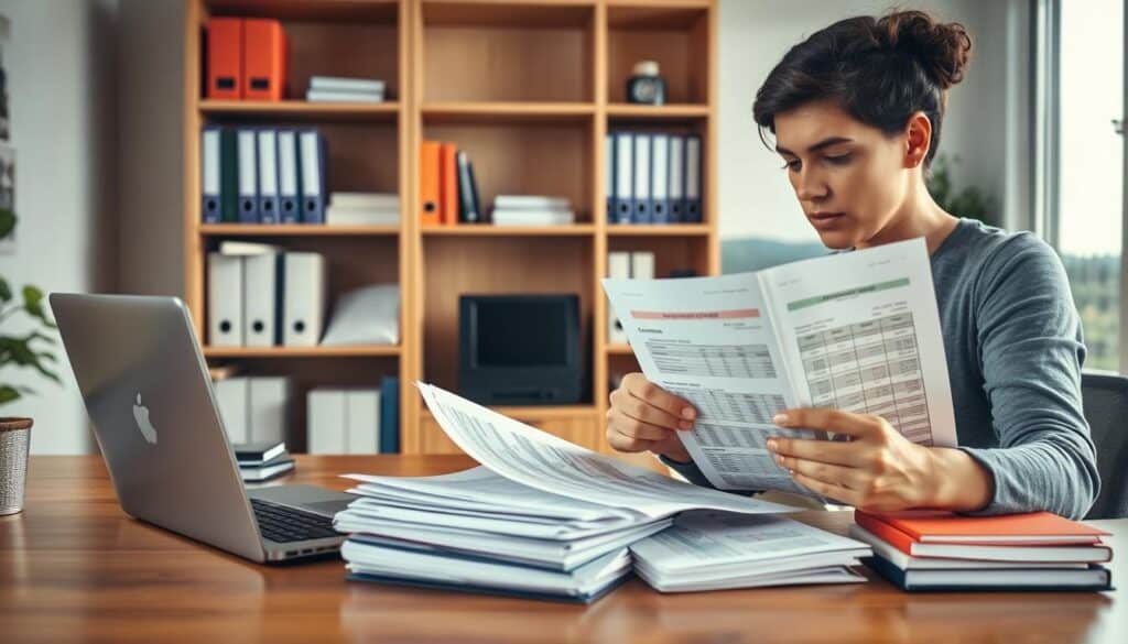 A well-organized home office with a wooden desk, a laptop, and a stack of financial documents. In the foreground, a person reviewing credit card statements and budgeting spreadsheets, their face expressing concentration and determination. The middle ground features shelves with neatly organized personal finance books and folders. The background showcases a calming landscape through a large window, suggesting a tranquil, focused environment for managing debts and optimizing personal finances. A well-organized home office with a wooden desk, a laptop, and a stack of financial documents. In the foreground, a person reviewing credit card statements and budgeting spreadsheets, their face expressing concentration and determination. The middle ground features shelves with neatly organized personal finance books and folders. The background showcases a calming landscape through a large window, suggesting a tranquil, focused environment for managing debts and optimizing personal finances.