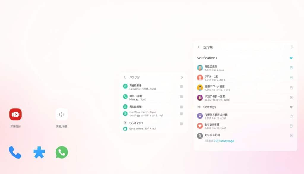 A well-organized home screen with neatly arranged message icons and contact lists. The foreground showcases a clean, minimalist interface with crisp icons and intuitive navigation. The middle ground features a calendar, recent call logs, and notification settings, reflecting the "메시지와 통화 효율적으로 관리하기" theme. The background has a serene, pastel-toned gradient, creating a calming and focused atmosphere. The lighting is soft and diffused, with a slightly elevated camera angle to convey a sense of productivity and organization. The overall composition emphasizes simplicity, efficiency, and a streamlined approach to smartphone message and call management.
