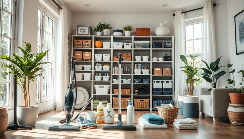 A well-organized household interior with natural lighting streaming through large windows, showcasing a range of efficient home maintenance tools and supplies. In the foreground, a central work area features a sleek vacuum cleaner, cleaning solutions, and microfiber cloths neatly arranged. The middle ground displays an orderly shelving system stocked with organized containers, baskets, and labeled items for cleaning, repairs, and home organization. The background depicts a harmonious blend of modern and traditional decor elements, creating a calming and inviting atmosphere that reflects the aesthetic of a well-maintained home.