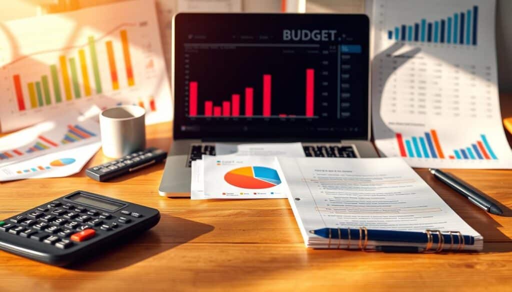 A well-organized office desk with a laptop, calculator, and notepad, against a background of colorful budgeting charts and graphs. Warm, natural lighting casts a soft glow, creating an atmosphere of focused productivity. The scene conveys practical financial planning, with attention to detail and a sense of control over one's financial situation. The composition emphasizes the key elements of budgeting, from data analysis to decision-making, in a visually appealing and informative manner.
