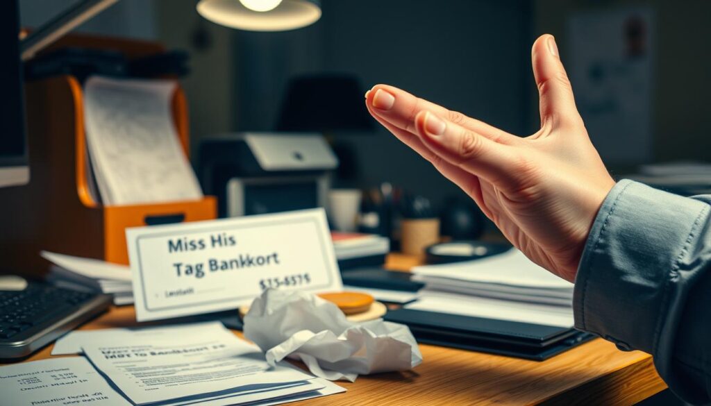 A well-organized office desk with a misstag bankkort, a crumpled receipt, and a stressed-out hand gesturing in frustration. The scene is lit by a warm, diffused overhead light, creating soft shadows and highlighting the details. The background is blurred, keeping the focus on the desk clutter. The overall mood conveys the annoyance and hassle of a banking mistake, setting the stage for the "Vanliga misstag att undvika" section of the article.