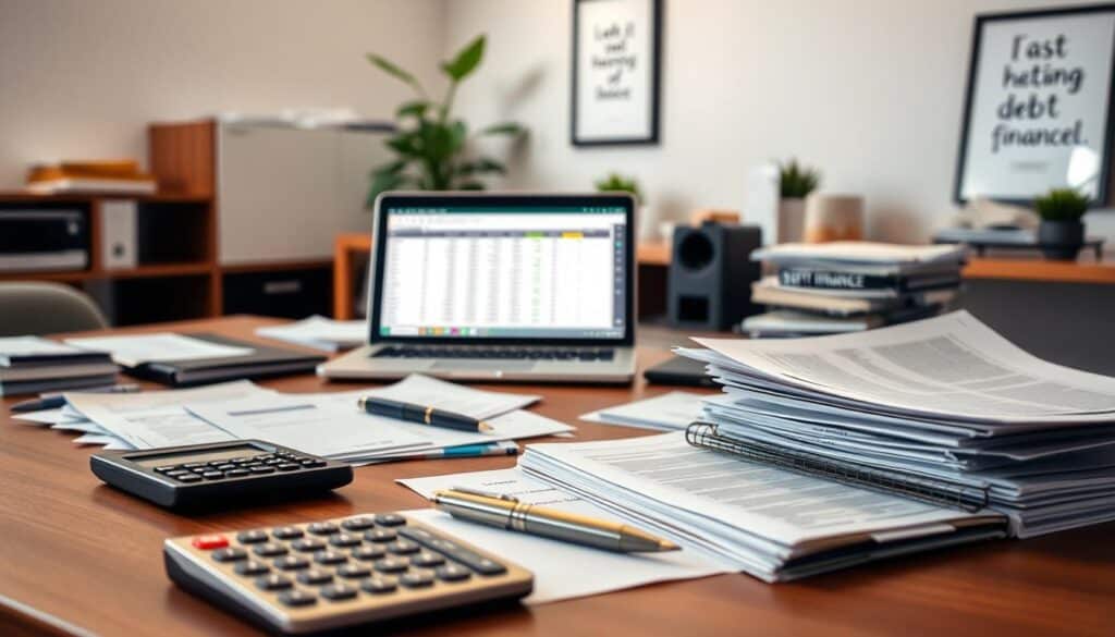 A well-organized office desk with various financial documents, invoices, and bills neatly arranged. In the foreground, a calculator, pen, and a personal finance book suggest the careful management of debt and credits. The middle ground features a laptop displaying a spreadsheet or budgeting software, symbolizing the digital tools used for debt tracking and analysis. The background showcases a serene, minimalist office environment with a potted plant and a framed motivational quote, conveying a sense of control and financial well-being. The lighting is warm and natural, creating a calm and focused atmosphere.