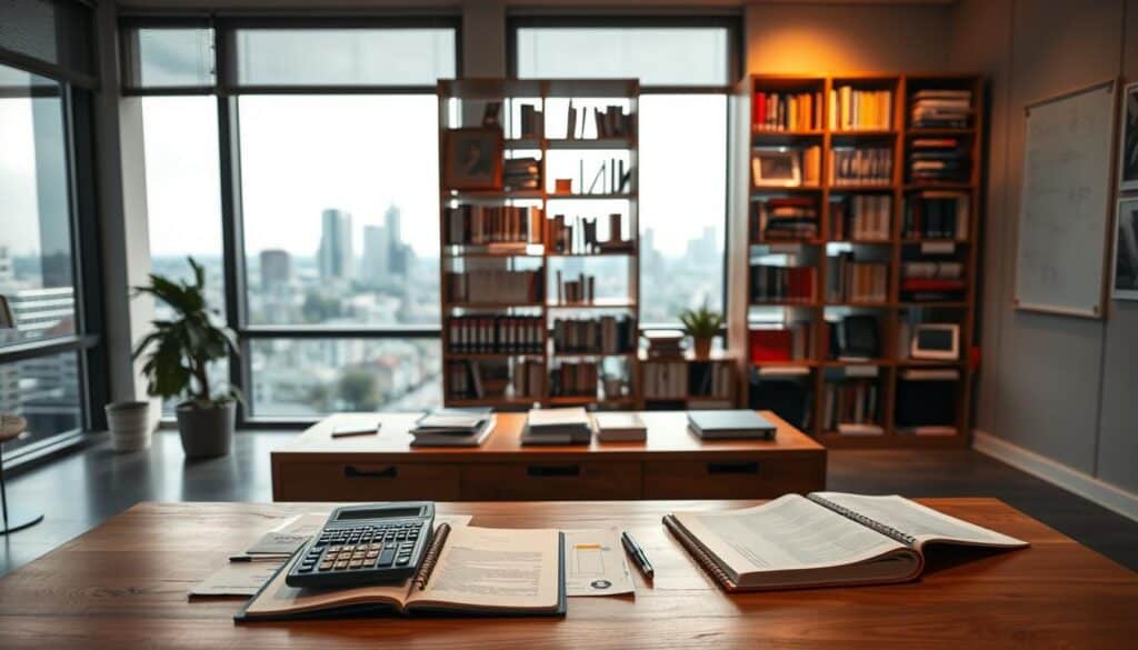 A well-organized office interior with a large, wooden desk in the foreground. On the desk, an open notebook, a calculator, and various financial documents are neatly arranged. In the middle ground, a bookshelf filled with accounting and finance books stands tall, casting warm, directional lighting across the scene. The background features a large window overlooking a cityscape, with a softly blurred urban landscape visible outside. The overall mood is one of focus, productivity, and financial diligence, reflecting the principles of effective budgeting.