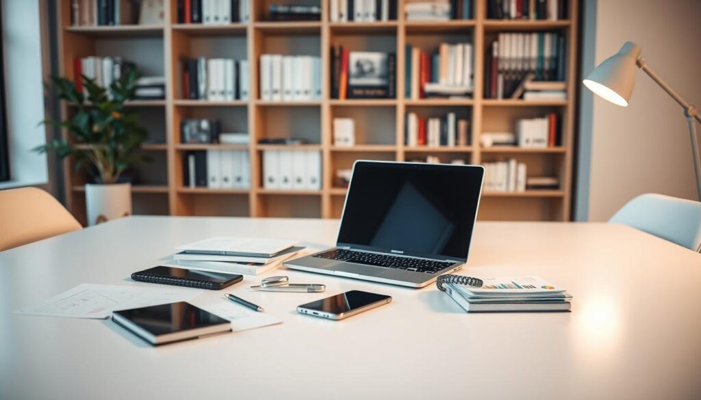 A well-organized office workspace with a laptop, smartphone, and various digital financial tools scattered across a clean, minimalist desk. The lighting is soft and diffused, creating a warm, professional atmosphere. In the background, a bookshelf filled with finance-related literature adds a touch of sophistication. The overall scene conveys a sense of efficiency, organization, and the seamless integration of technology into the financial planning process.