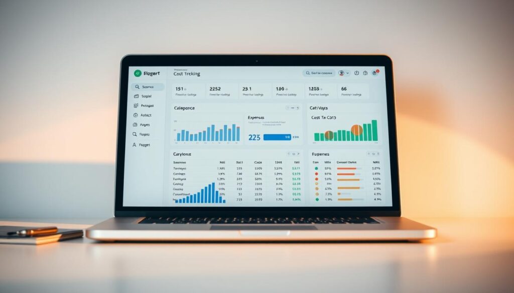A well-organized personal finance dashboard showcasing detailed cost tracking, with a clean, minimalist interface displayed on a modern laptop against a soft, neutral background. The dashboard features clear graphs, charts, and categorized expense data, providing an intuitive overview of the user's spending habits. Subtle lighting casts a warm, professional glow, while the composition highlights the importance of effective cost monitoring for personal budgeting. The scene conveys a sense of control, organization, and financial awareness.
