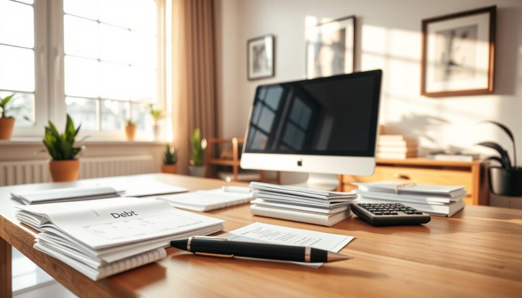 A well-organized personal finance office, with a desktop computer, a stack of bills and documents, and a calculator. The space is filled with warm, natural light filtering through a large window, creating a sense of focus and productivity. On the desk, a pen and notebook are neatly arranged, suggesting a methodical approach to debt management. The room's decor is minimalist, with a few potted plants and a framed artwork, conveying a calming, professional atmosphere. The overall scene should inspire a sense of control and financial stability.