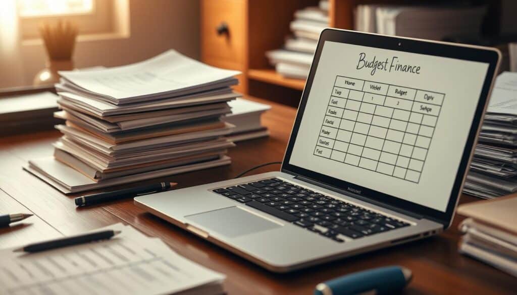 A well-organized personal finance office with a wooden desk, a laptop, and stacks of financial documents. Soft, warm lighting illuminates the scene, creating a focused and productive atmosphere. A hand-drawn, detailed budget template is visible on the laptop screen, reflecting careful planning and attention to detail. The overall composition conveys a sense of control, efficiency, and financial responsibility.