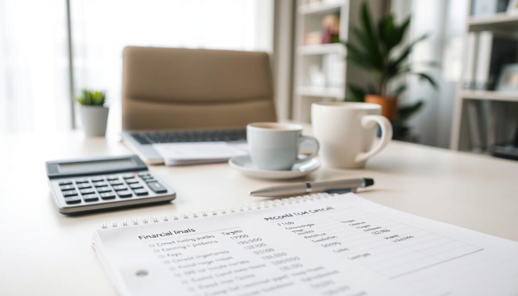 A well-organized personal financial plan displayed on a clean, minimal desk. In the foreground, a notebook with neatly written financial goals, targets, and milestones. In the middle ground, a calculator, pen, and a cup of coffee, conveying a sense of focus and intention. The background features a modern, minimalist office setting with a large window allowing natural light to flood the scene, creating a calm, productive atmosphere. The overall composition emphasizes the importance of setting clear financial objectives and the mindfulness required to achieve them.