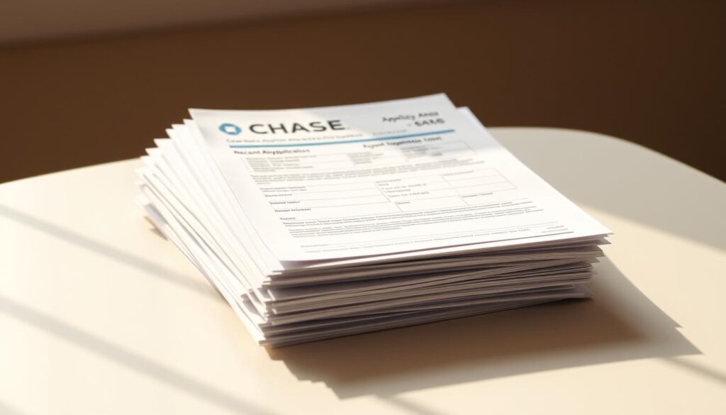 A well-organized stack of documents, including a Chase application form, personal identification, recent pay stubs, and bank statements, positioned on a clean, minimalist desk. Warm, natural lighting softly illuminates the scene, creating a sense of focus and professionalism. The documents are arranged in a manner that suggests a methodical, organized approach to the application process. The overall mood is one of preparation, attention to detail, and a confident readiness to engage with the financial institution.
