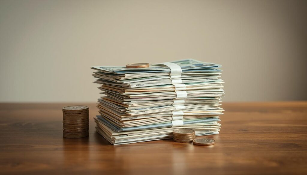 A well-organized stack of various bills, coins, and bank cards, neatly arranged on a wooden table with a warm, soft light illuminating the scene. The stack is placed against a plain, neutral background, allowing the money to be the focal point. The overall composition has a sense of order and financial stability, with a slight sense of security and comfort. The image conveys the idea of "비상자금" or emergency funds, ready to be accessed when needed for unexpected expenses or financial challenges.