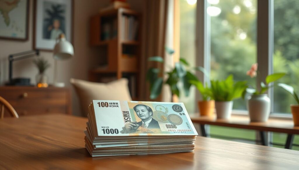 A well-stocked emergency fund, represented by a stack of crisp Korean won bills, sits atop a wooden table in a cozy, well-lit home office. The lighting is soft and warm, creating a sense of security and preparedness. In the background, a large window overlooks a lush garden, hinting at the importance of maintaining financial resilience in the face of life's uncertainties. The bills are arranged neatly, conveying a sense of organization and discipline in personal finance. The overall scene evokes a feeling of confidence and control over one's financial future.