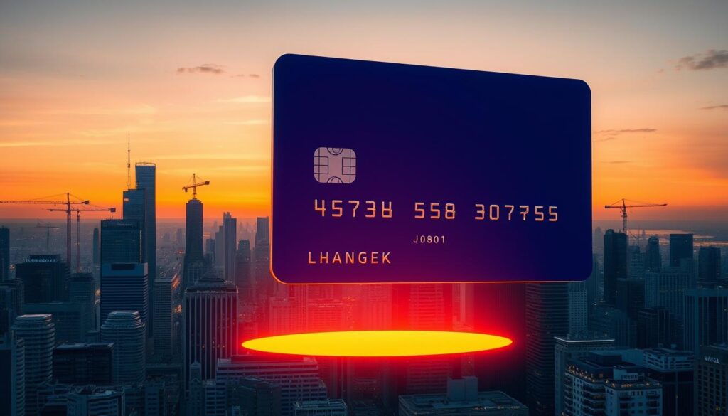 A wide-angle view of a bustling city skyline at dusk, with towering skyscrapers and cranes silhouetted against an orange-tinged sky. In the foreground, a large credit card symbol hovers, its edges glowing softly. The card symbol casts a reflective glow on the ground, hinting at the changing interest rates and their impact on the urban landscape. The scene conveys a sense of progress and transformation, with the credit card serving as a symbolic representation of the financial shifts shaping the city's future.