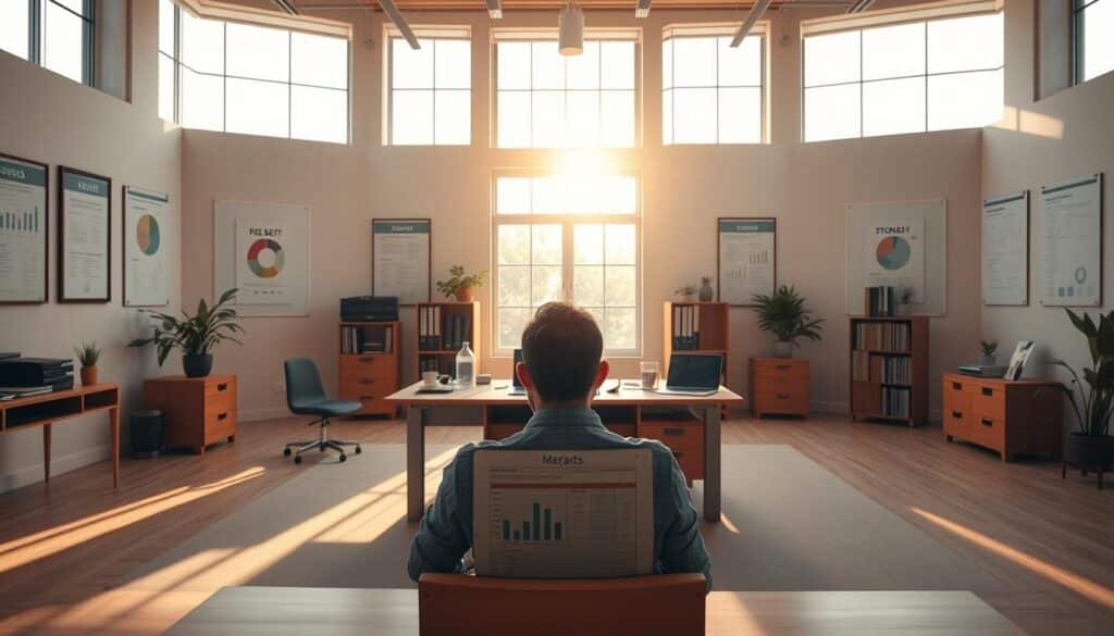 A wide open office space, with an abundance of natural light streaming in through large windows. A desk at the center, neatly organized with financial documents and a laptop. In the foreground, a person sits, contemplating a spreadsheet displaying debt management strategies. The walls are adorned with motivational posters and financial charts, creating an atmosphere of focused productivity. Warm, earthy tones dominate the color palette, conveying a sense of stability and control. The lighting is soft and diffused, creating a calm and inviting environment. The overall scene captures the essence of responsible debt management, empowering the viewer to take charge of their personal finances.