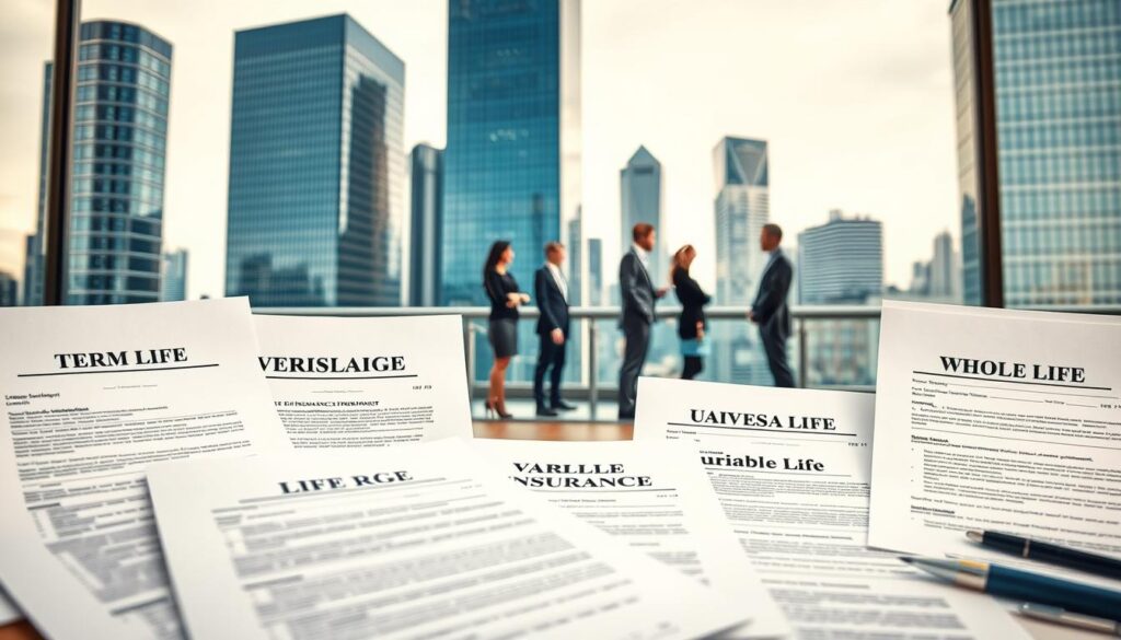 A wide variety of life insurance options against a backdrop of a sleek, modern cityscape. In the foreground, different life insurance policy documents are neatly arranged, each representing a specific type of coverage - term life, whole life, universal life, and variable life. The midground features a group of people, dressed in business attire, discussing their insurance needs, conveying the personalized nature of life insurance. The background showcases a minimalist urban landscape with tall glass skyscrapers, reflecting an atmosphere of financial security and stability. Soft, warm lighting illuminates the scene, creating a sense of trust and reliability. The overall composition highlights the diverse range of life insurance products available to Serbian consumers, aiming to protect their future. A wide variety of life insurance options against a backdrop of a sleek, modern cityscape. In the foreground, different life insurance policy documents are neatly arranged, each representing a specific type of coverage - term life, whole life, universal life, and variable life. The midground features a group of people, dressed in business attire, discussing their insurance needs, conveying the personalized nature of life insurance. The background showcases a minimalist urban landscape with tall glass skyscrapers, reflecting an atmosphere of financial security and stability. Soft, warm lighting illuminates the scene, creating a sense of trust and reliability. The overall composition highlights the diverse range of life insurance products available to Serbian consumers, aiming to protect their future.