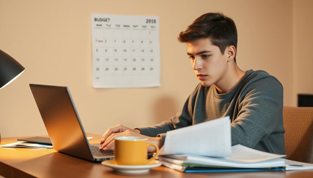 A young adult sitting at a desk, carefully reviewing their budget on a laptop, surrounded by financial documents and a cup of coffee. The scene is bathed in warm, soft lighting, creating a contemplative atmosphere. The person's expression is focused, yet calm, as they meticulously track their expenses and income, determined to maintain financial responsibility. In the background, a minimalist wall calendar serves as a subtle reminder of the passage of time and the importance of budgeting. The overall composition conveys a sense of organization, discipline, and a commitment to personal financial management.
