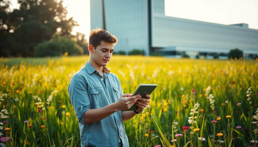 A young adult standing in a lush, green meadow, surrounded by a vibrant array of flowers. They are thoughtfully considering a tablet device in their hands, their face illuminated by the warm glow of the afternoon sun. In the background, a sleek, modern office building stands tall, casting a subtle shadow across the scene. The overall atmosphere conveys a sense of financial prosperity, personal growth, and the harmonious balance between professional and personal life. The lighting is soft and natural, creating a serene and contemplative mood. The composition is well-balanced, drawing the viewer's eye towards the subject and the act of considering their investment options.