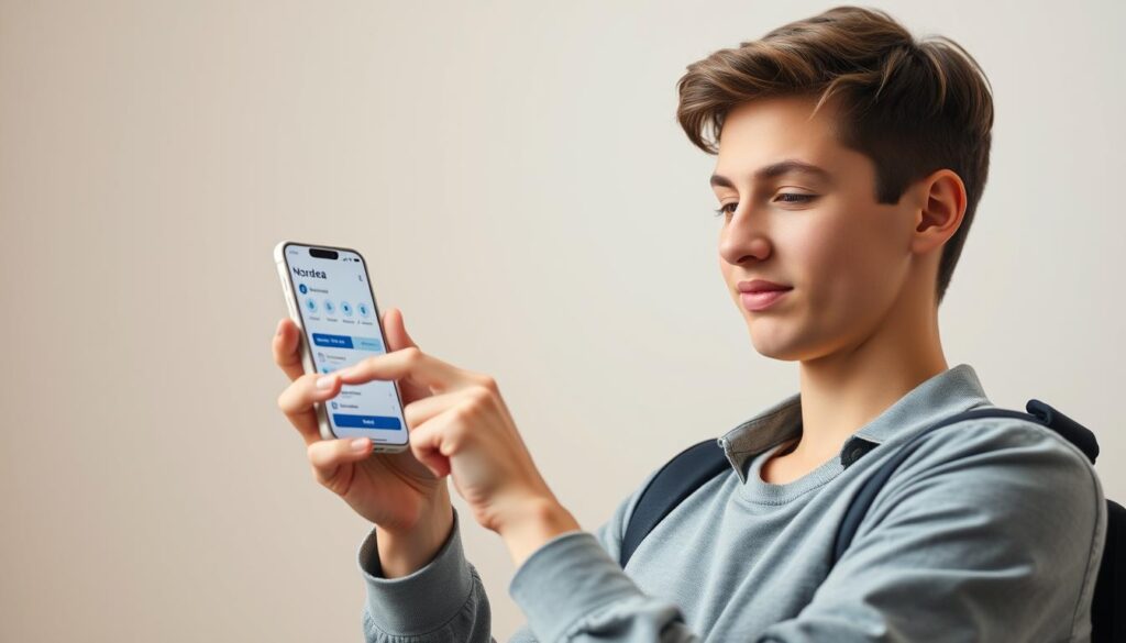 A young, casually dressed student using a modern, sleek Nordea mobile banking app on a white smartphone. The screen displays a clean, intuitive interface with easy-to-navigate menus. Soft, natural lighting illuminates the scene, creating a sense of calm and professionalism. The student's expression is focused yet relaxed, conveying confidence in the digital banking experience. The background is a plain, neutral space, allowing the mobile device and the user to be the central focus. An overall aesthetic of minimalism, simplicity, and technological sophistication. A young, casually dressed student using a modern, sleek Nordea mobile banking app on a white smartphone. The screen displays a clean, intuitive interface with easy-to-navigate menus. Soft, natural lighting illuminates the scene, creating a sense of calm and professionalism. The student's expression is focused yet relaxed, conveying confidence in the digital banking experience. The background is a plain, neutral space, allowing the mobile device and the user to be the central focus. An overall aesthetic of minimalism, simplicity, and technological sophistication.