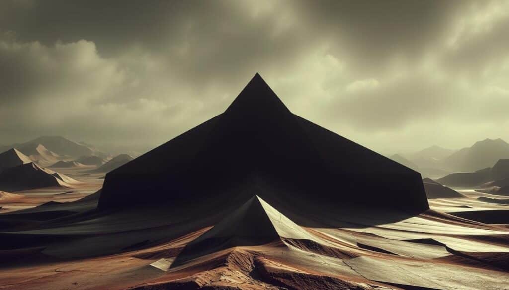 An abstract visualization of risk assessment, shot with a wide-angle lens in a moody, atmospheric style. A surreal, geometric landscape with interlocking shapes and patterns in muted, earthy tones, suggesting the complex, interconnected nature of risk factors. In the foreground, a central focal point representing the core concept of "Ocena tveganja", surrounded by overlapping, semi-transparent layers and planes that convey the multifaceted aspects of risk analysis and management. Dramatic, low-angle lighting casts dramatic shadows, creating a sense of depth and emphasizing the gravity of the subject matter. The overall composition is balanced and visually striking, inviting the viewer to contemplation and deeper understanding of the topic.