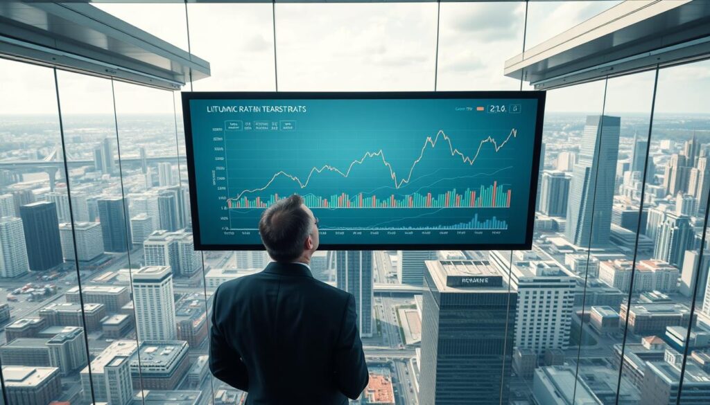 An aerial view of a cityscape with a central focus on a series of financial charts and graphs depicting the dynamic changes in interest rates over time. The charts are displayed on a large digital screen, surrounded by a modern, glass-walled office space filled with natural light. In the foreground, a businessman in a suit stands contemplating the data, his expression one of deep concentration as he analyzes the trends. The background showcases the bustling urban landscape, with skyscrapers and infrastructure symbolizing the interconnected nature of the economy. Soft, directional lighting casts subtle shadows, adding depth and a sense of contemplation to the scene. The overall mood is one of professionalism, data-driven decision making, and the importance of understanding interest rate fluctuations in the Lithuanian financial landscape.