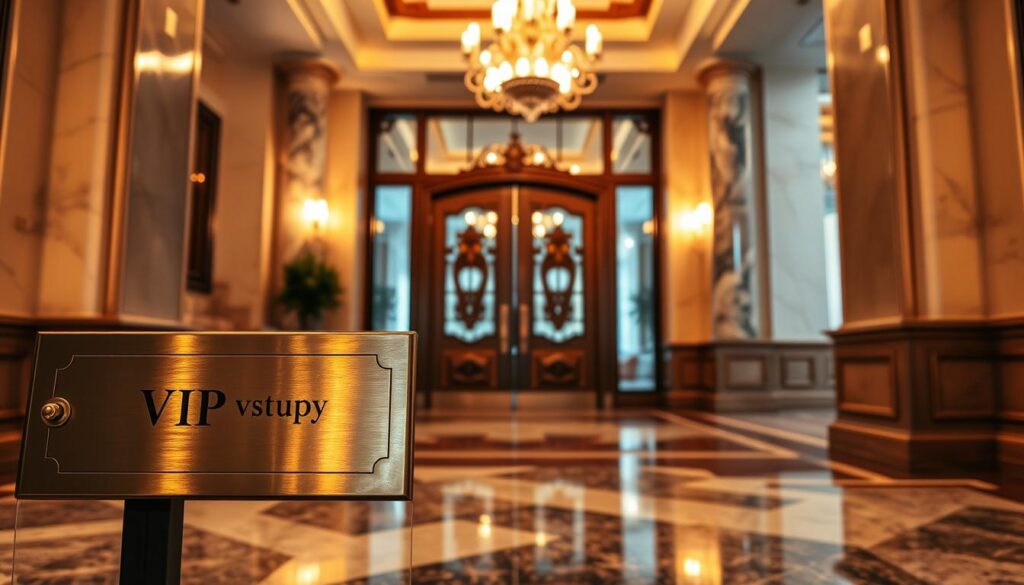 An elegant and sophisticated VIP entrance, illuminated by soft, warm lighting. In the foreground, a polished brass plaque with the words "VIP vstupy" etched into it, surrounded by a subtle, art deco-inspired design. The middle ground features a pair of ornate, wooden double doors, their intricate carvings casting shadows on the gleaming, marble floor. The background reveals a grand, opulent lobby with high ceilings, polished marble columns, and a striking chandelier that casts a gentle glow throughout the space. The overall atmosphere exudes a sense of exclusivity, luxury, and refined taste, perfectly capturing the essence of the "Lifestyle výhody a prémiové služby" section. An elegant and sophisticated VIP entrance, illuminated by soft, warm lighting. In the foreground, a polished brass plaque with the words "VIP vstupy" etched into it, surrounded by a subtle, art deco-inspired design. The middle ground features a pair of ornate, wooden double doors, their intricate carvings casting shadows on the gleaming, marble floor. The background reveals a grand, opulent lobby with high ceilings, polished marble columns, and a striking chandelier that casts a gentle glow throughout the space. The overall atmosphere exudes a sense of exclusivity, luxury, and refined taste, perfectly capturing the essence of the "Lifestyle výhody a prémiové služby" section.