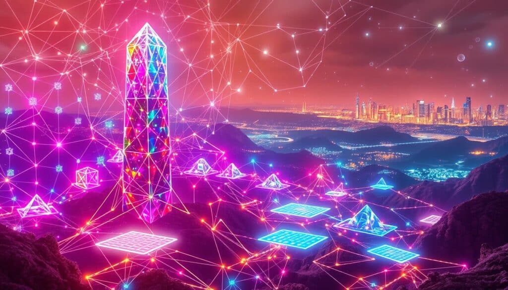 An ethereal landscape of interconnected geometric shapes, illuminated by a spectrum of vivid, pulsating lights. In the foreground, a towering blockchain-inspired structure rises, its facets shimmering with an otherworldly glow. Surrounding it, a network of glowing data streams and nodes intertwine, creating a dynamic, three-dimensional web of digital innovation. In the middle ground, holographic displays showcase the latest advancements, while in the distance, a futuristic cityscape emerges, hinting at the transformative potential of blockchain technology. The scene is bathed in a warm, soft light, instilling a sense of wonder and optimism for the future of this groundbreaking innovation.