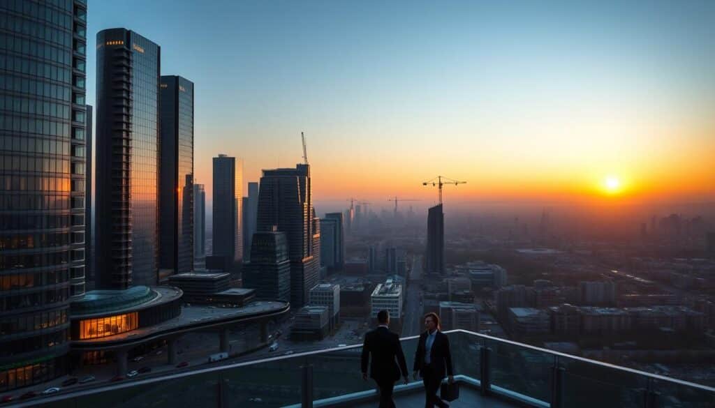 An expansive cityscape at dusk, with sleek modern skyscrapers illuminated by the setting sun. In the foreground, a bustling financial district with glass-fronted towers and a web of elevated walkways. Shadowy figures of investors hurry along, briefcases in hand. In the middle ground, a new development rises, cranes dotting the skyline. The background fades into a hazy horizon, hinting at future growth and possibilities. The scene conveys a sense of momentum, innovation, and the dynamic future of investments in Serbia. An expansive cityscape at dusk, with sleek modern skyscrapers illuminated by the setting sun. In the foreground, a bustling financial district with glass-fronted towers and a web of elevated walkways. Shadowy figures of investors hurry along, briefcases in hand. In the middle ground, a new development rises, cranes dotting the skyline. The background fades into a hazy horizon, hinting at future growth and possibilities. The scene conveys a sense of momentum, innovation, and the dynamic future of investments in Serbia.