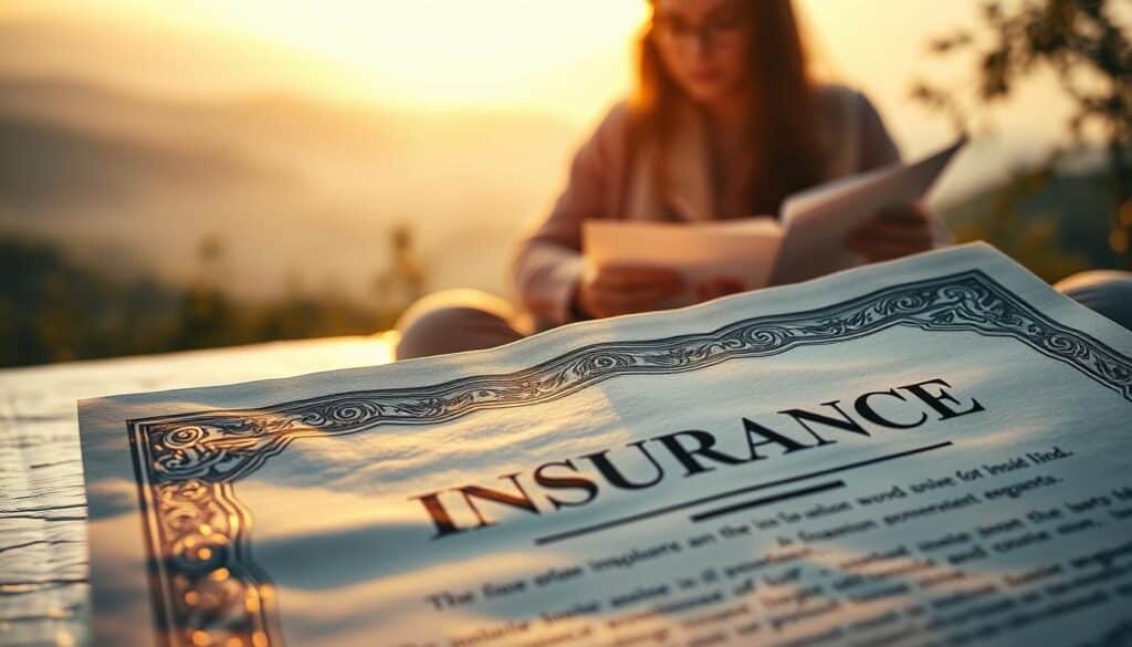 An insurance policy in the foreground, carefully crafted with intricate patterns and a metallic sheen, symbolizing the protection and security it provides. In the middle ground, a person thoughtfully reviews financial documents, illustrating the importance of risk management. The background depicts a serene, natural landscape, conveying a sense of tranquility and stability. Warm, golden lighting casts a comforting glow, highlighting the harmony between financial well-being and personal peace of mind. Captured through a medium-wide angle lens, the composition emphasizes the interconnectedness of insurance, financial planning, and a balanced life.