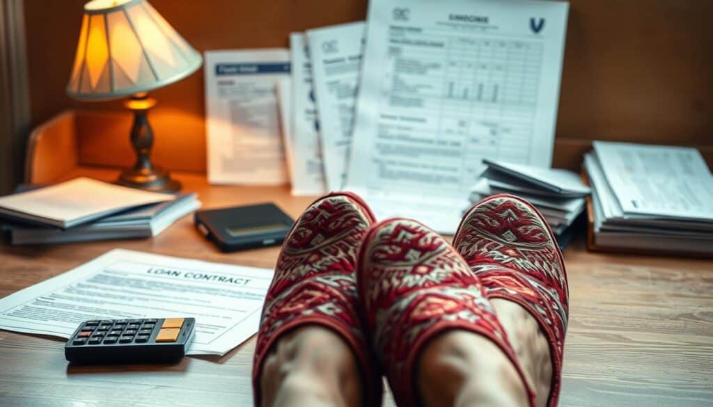 An interior scene depicting a wooden desk with a loan contract and calculator, illuminated by soft, diffused lighting. In the foreground, a pair of elegant, ornate feet wearing traditional Serbian kamate stope (traditional woven slippers). The middle ground showcases a variety of financial documents, including bank statements and loan applications, arranged in a visually appealing manner. The background features a warm, muted color palette, conveying a sense of financial security and comfort. The overall composition emphasizes the importance of understanding interest rates and fees when considering a personal loan, reflecting the subject and section title of the article. An interior scene depicting a wooden desk with a loan contract and calculator, illuminated by soft, diffused lighting. In the foreground, a pair of elegant, ornate feet wearing traditional Serbian kamate stope (traditional woven slippers). The middle ground showcases a variety of financial documents, including bank statements and loan applications, arranged in a visually appealing manner. The background features a warm, muted color palette, conveying a sense of financial security and comfort. The overall composition emphasizes the importance of understanding interest rates and fees when considering a personal loan, reflecting the subject and section title of the article.