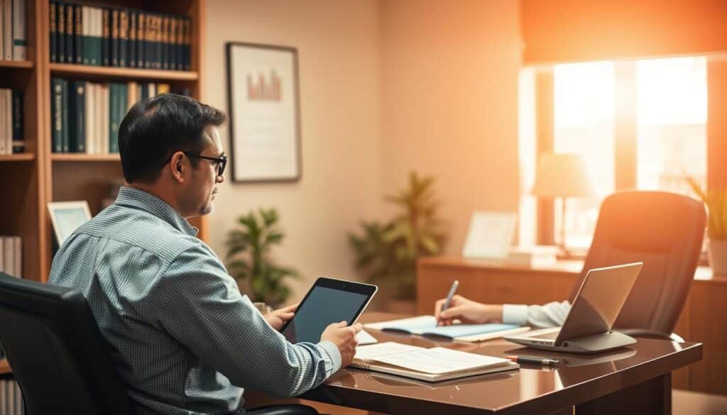 An office interior with a professional financial advisor meeting with a client. The advisor sits at a desk, surrounded by bookshelves and financial documents. Warm lighting casts a soft glow, creating a calm and authoritative atmosphere. The client sits across the desk, engaged in discussion, with a laptop and tablet visible, suggesting an in-depth financial review. The scene conveys a sense of trust, expertise, and personalized attention, reflecting the professionalism of the financial advisory service.
