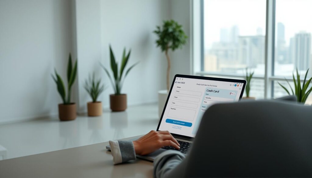 An online credit card application process with a clean, modern interface. Foreground features a person sitting at a desk, laptop open, thoughtfully reviewing the application form on the screen. Muted lighting creates a calm, professional atmosphere. In the background, a minimalist office setting with sleek furniture, potted plants, and a large window overlooking a city skyline. The overall scene conveys a smooth, straightforward digital banking experience. An online credit card application process with a clean, modern interface. Foreground features a person sitting at a desk, laptop open, thoughtfully reviewing the application form on the screen. Muted lighting creates a calm, professional atmosphere. In the background, a minimalist office setting with sleek furniture, potted plants, and a large window overlooking a city skyline. The overall scene conveys a smooth, straightforward digital banking experience.