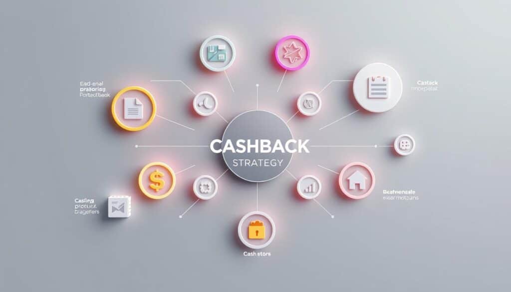 An overhead view of a stylized cashback strategy diagram, rendered in a clean and minimalist aesthetic. The foreground features various geometric shapes and icons representing different cashback programs and incentives, arranged in a visually appealing and organized layout. The middle ground showcases a central hub or dashboard displaying key metrics and insights, with a soft glow illuminating the scene. The background is a simple, gradient-based backdrop that provides a sense of depth and emphasizes the main elements. The overall composition conveys a sense of efficiency, clarity, and the powerful potential of effective cashback optimization. An overhead view of a stylized cashback strategy diagram, rendered in a clean and minimalist aesthetic. The foreground features various geometric shapes and icons representing different cashback programs and incentives, arranged in a visually appealing and organized layout. The middle ground showcases a central hub or dashboard displaying key metrics and insights, with a soft glow illuminating the scene. The background is a simple, gradient-based backdrop that provides a sense of depth and emphasizes the main elements. The overall composition conveys a sense of efficiency, clarity, and the powerful potential of effective cashback optimization.