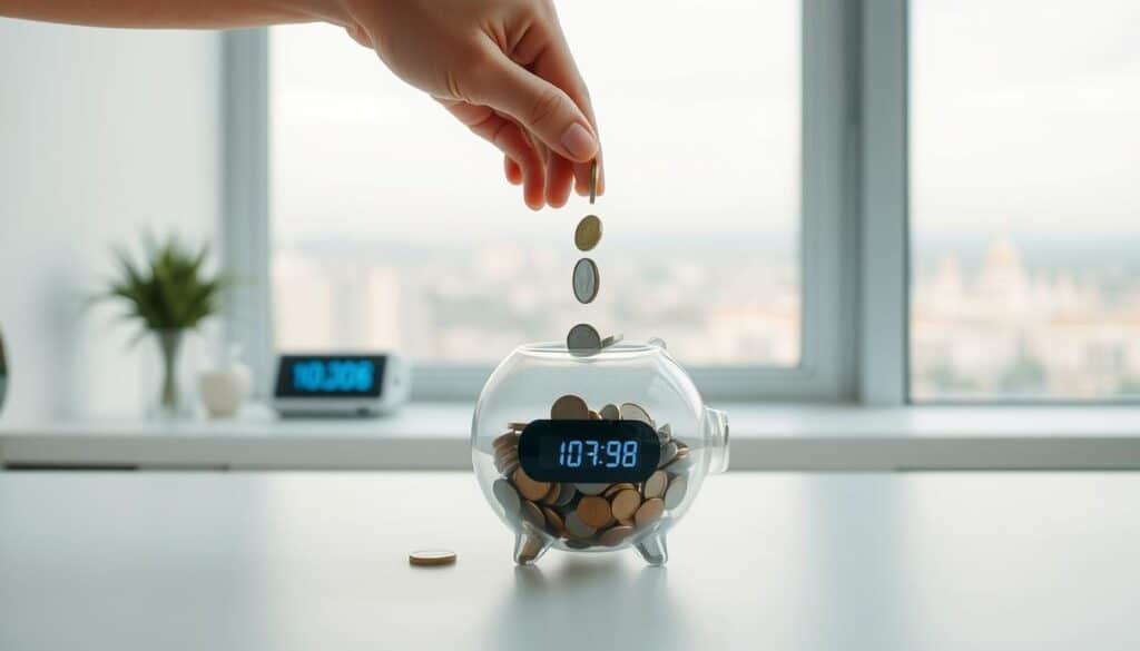 Automatinis taupymas: a serene, minimalist scene showcasing a simplified savings process. In the foreground, a person's hands carefully depositing coins into a transparent piggy bank, symbolizing the effortless, automated nature of the savings. The middle ground features a subtly lit, clean desktop with a digital display highlighting the growing balance. In the background, a window overlooking a tranquil cityscape, suggesting a sense of financial security and stability. Soft, neutral tones and gentle lighting create a calming, thoughtful atmosphere, reflecting the reliability and ease of automated savings.