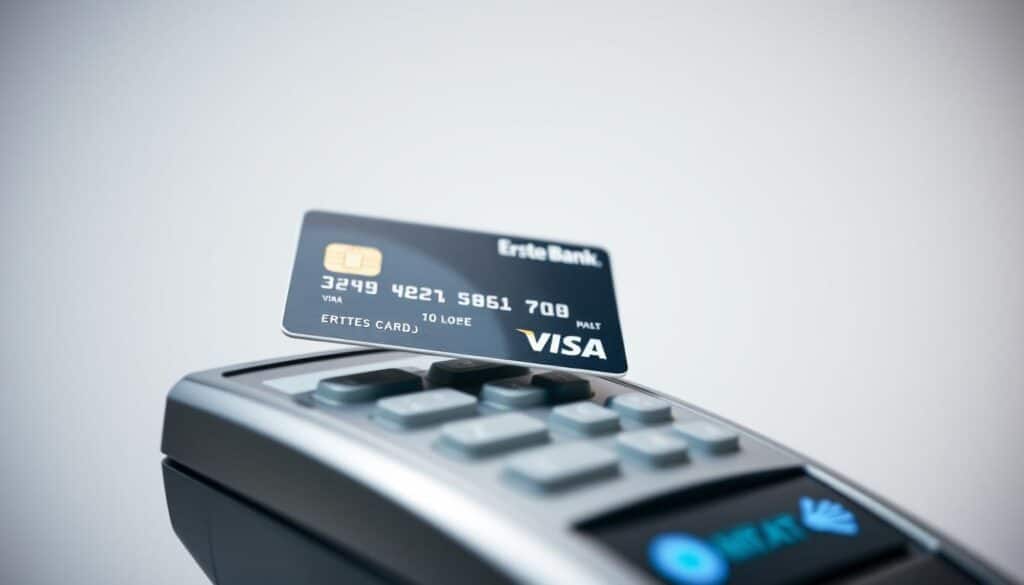 Beskontaktno plaćanje: a close-up view of a debit card being tapped on a modern payment terminal, set against a clean, minimalist background. The card glides effortlessly over the terminal, emanating a sense of speed and convenience. Soft, diffused lighting highlights the sleek, metallic surfaces, conveying a high-tech, premium feel. The composition emphasizes the seamless interaction between the card and the payment system, capturing the essence of contactless transactions - fast, secure, and hassle-free. This image visually represents the simplicity and global accessibility of the Erste Bank Visa Classic Debit card. Beskontaktno plaćanje: a close-up view of a debit card being tapped on a modern payment terminal, set against a clean, minimalist background. The card glides effortlessly over the terminal, emanating a sense of speed and convenience. Soft, diffused lighting highlights the sleek, metallic surfaces, conveying a high-tech, premium feel. The composition emphasizes the seamless interaction between the card and the payment system, capturing the essence of contactless transactions - fast, secure, and hassle-free. This image visually represents the simplicity and global accessibility of the Erste Bank Visa Classic Debit card.