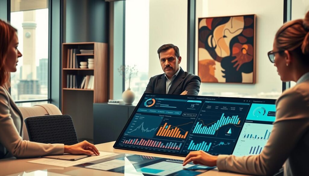 Detailed business risk management scene with a thoughtful, strategic focus. Depicted in a modern, sleek office setting with large windows overlooking a cityscape. In the foreground, a team of professionals gathered around a conference table, engaged in a serious discussion, analyzing financial data and risk models on a large interactive display. Middle ground shows a manager overseeing the process, arms crossed with a pensive expression. Background features shelves of reference materials and abstract wall art, conveying a sense of informed, methodical decision-making. Lighting is warm and balanced, creating an atmosphere of focus and professionalism. Camera angle is slightly elevated, providing an overview of the risk management workflow.