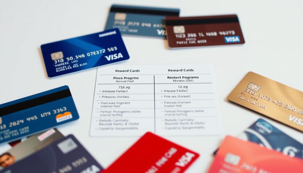 Detailed comparison of credit card offers with a clean, organized layout. Crisp white background to highlight key details. Foreground features several credit cards in various colors and designs, meticulously arranged. Middleground showcases detailed side-by-side comparison of features like annual fees, interest rates, rewards programs. Subtle, warm lighting from top-left casts a soft glow, creating a professional, trustworthy atmosphere. Camera angle is slightly elevated to provide a comprehensive overview. Convey a sense of informed decision-making for the optimal credit card selection. Detailed comparison of credit card offers with a clean, organized layout. Crisp white background to highlight key details. Foreground features several credit cards in various colors and designs, meticulously arranged. Middleground showcases detailed side-by-side comparison of features like annual fees, interest rates, rewards programs. Subtle, warm lighting from top-left casts a soft glow, creating a professional, trustworthy atmosphere. Camera angle is slightly elevated to provide a comprehensive overview. Convey a sense of informed decision-making for the optimal credit card selection.