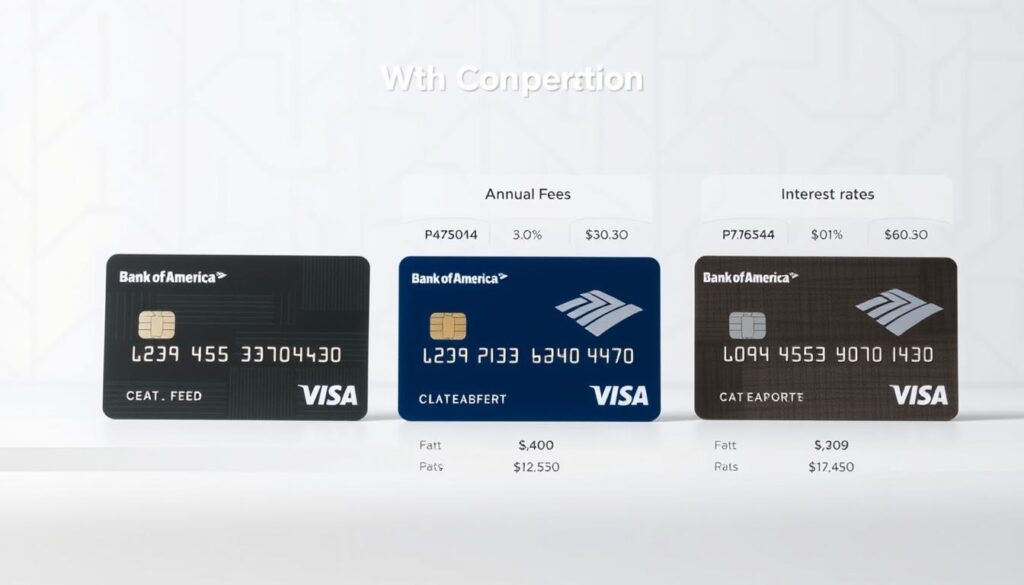 Detailed comparison of credit cards from Bank of America, depicted with a crisp, clean aesthetic. In the foreground, three credit cards are meticulously arranged, showcasing their distinct designs and features. The middle ground highlights key details like annual fees, rewards programs, and interest rates in a clear, data-driven layout. The background features a subtle, minimalist pattern that complements the overall modern and professional tone. Soft, even lighting illuminates the scene, capturing the cards' textures and materials with precision. The composition balances simplicity and informative clarity, creating an image well-suited to illustrate the credit card comparison section of the article.