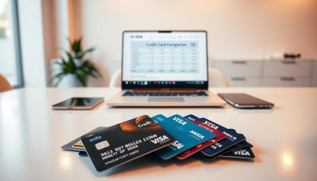 Detailed comparison of credit cards on a sleek, modern desk. In the foreground, various credit cards are neatly arranged, showcasing their unique designs and features. The middle ground features an open laptop displaying credit card comparison data and statistics. In the background, a minimalist office setting with clean lines and neutral tones creates a professional, analytical atmosphere. Warm, directional lighting illuminates the scene, highlighting the credit cards and emphasizing the comparative nature of the image. The overall composition conveys a sense of thoughtful analysis and informed decision-making regarding credit card selection.