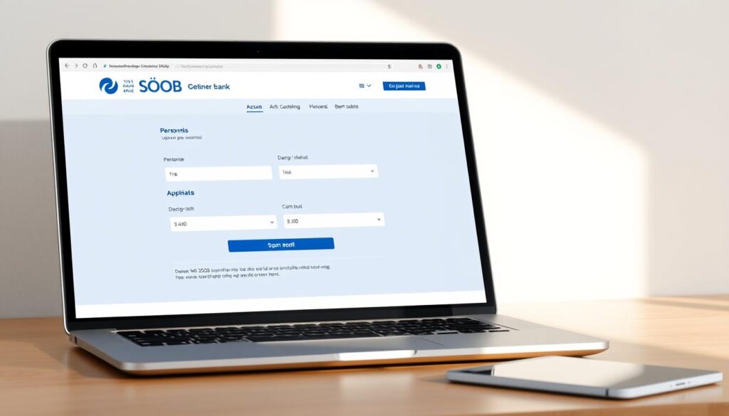 Detailed digital illustration of a laptop screen displaying an online application form for ČSOB bank. The form is clean and user-friendly, with clearly labeled fields for personal information and banking details. The layout is minimalist and professional, with a calming blue and white color scheme. The laptop is positioned at a slight angle, casting soft shadows on the desk surface. The lighting is natural and diffused, creating a warm and inviting atmosphere. The overall scene conveys a sense of simplicity, efficiency, and modern banking.