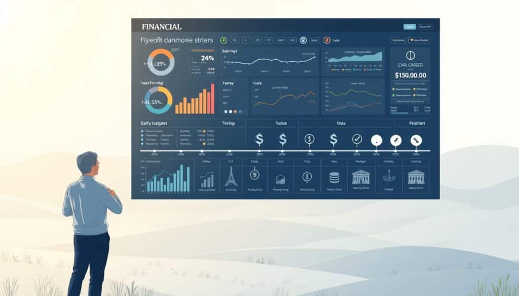 Detailed financial planning for different life stages, depicted through a meticulously crafted illustration. In the foreground, a person stands before a comprehensive financial dashboard, analyzing charts and graphs that outline savings, investments, and budgeting for various life milestones. The middle ground features a stylized timeline, illustrating the progression from early career to retirement, with each stage represented by symbolic icons. The background showcases a serene, minimalist landscape, with clean lines and a calming color palette to convey a sense of order and control over one's financial future. The entire scene is bathed in soft, natural lighting, creating a sense of focus and clarity. The overall mood is one of thoughtful contemplation and financial empowerment.
