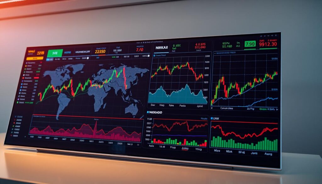 Detailed financial world indices displayed on a sleek, modern digital dashboard. Colorful line graphs and charts show stock market performance from around the globe, with dynamic visualizations of major indices like S&P 500, NASDAQ, FTSE 100, DAX, and NIKKEI. The dashboard is illuminated by soft, warm lighting, creating a professional, high-tech atmosphere. Camera angle is slightly elevated, providing a comprehensive overview of the comprehensive market data. The layout is clean and minimalist, allowing the numerical data and visual trends to take center stage. An authoritative, yet accessible visualization of the pulse of the international financial landscape.