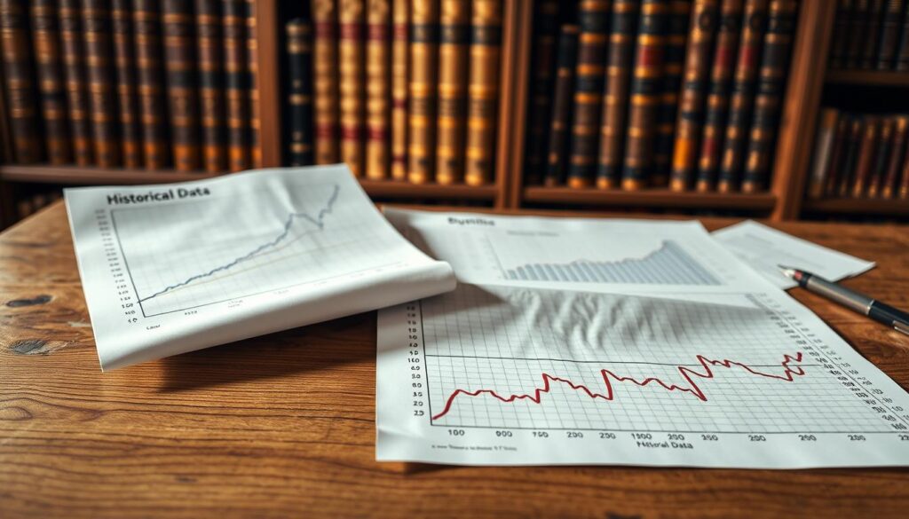 Detailed historical data charts and graphs, meticulously arranged on a desk made of weathered oak. The soft, natural lighting illuminates the intricate lines and precise numerical values, creating an atmosphere of thoughtful analysis. In the background, a bookshelf filled with leather-bound volumes, suggesting a depth of knowledge and a commitment to informed decision-making. The overall scene conveys a sense of careful planning, attention to detail, and a dedication to utilizing reliable information to drive successful budgeting for a thriving business.