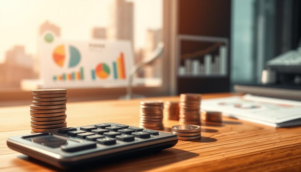 Detailed illustration of budgeting concepts. In the foreground, a calculator and stacks of coins on a wooden desk, representing the practical application of budgeting. In the middle ground, a visual representation of budget categories and allocation, such as pie charts or bar graphs. In the background, a blurred city skyline, evoking the broader financial context. The lighting is warm and inviting, with soft shadows, conveying a sense of organization and control over personal finances. The overall mood is one of thoughtful financial planning and responsible money management. Detailed illustration of budgeting concepts. In the foreground, a calculator and stacks of coins on a wooden desk, representing the practical application of budgeting. In the middle ground, a visual representation of budget categories and allocation, such as pie charts or bar graphs. In the background, a blurred city skyline, evoking the broader financial context. The lighting is warm and inviting, with soft shadows, conveying a sense of organization and control over personal finances. The overall mood is one of thoughtful financial planning and responsible money management.