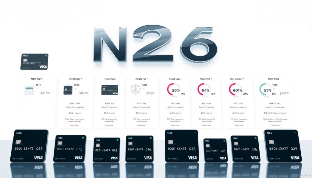 Detailed illustration of various N26 account types and pricing plans. Sophisticated banking interface with clean, minimalist design. Foreground depicts an array of N26 card options, arranged in a grid layout. Middle ground showcases interactive graphs and charts highlighting key features and costs of each account tier. Background features a sleek, metallic N26 logo and subtle geometric patterns, conveying a sense of modern, global financial services. Lighting is crisp and evenly distributed, with a cool color palette of blues, grays, and silvers. Camera angle is slightly elevated to provide an encompassing, comprehensive view of the N26 product offerings. Detailed illustration of various N26 account types and pricing plans. Sophisticated banking interface with clean, minimalist design. Foreground depicts an array of N26 card options, arranged in a grid layout. Middle ground showcases interactive graphs and charts highlighting key features and costs of each account tier. Background features a sleek, metallic N26 logo and subtle geometric patterns, conveying a sense of modern, global financial services. Lighting is crisp and evenly distributed, with a cool color palette of blues, grays, and silvers. Camera angle is slightly elevated to provide an encompassing, comprehensive view of the N26 product offerings.