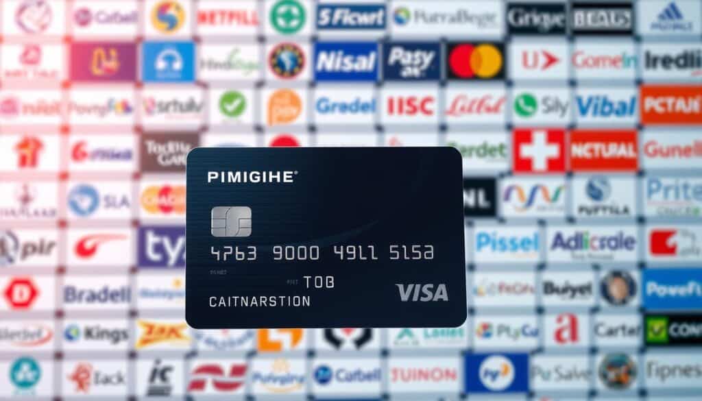 Detailed illustration showcasing a high-quality credit card framed by a variety of partner logos and brand imagery. Crisp, well-lit foreground featuring the sleek card design with reflective metallic accents. Blurred middle ground with an arrangement of colorful brand icons, product shots, and promotional graphics. Soft, out-of-focus background filled with additional partner branding to create a visually striking, professionally-curated scene. Conveys a sense of exclusive, premium credit card benefits and valuable merchant partnerships.