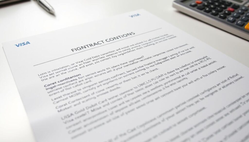 Detailed image of financial contract conditions for a Visa Gold Debit card. A crisp, well-lit document on a clean, neutral desk surface. The contract has a formal, professional appearance with distinct sections and headers. The text is legible but not the focus - the overall visual impression of the contract's structure and design is paramount. Subtle office background elements like a pen, calculator or folder add context. The lighting is bright and uniform, emphasizing the clarity and legibility of the document. The angle is a slightly elevated perspective, giving a sense of authority and importance to the subject matter. Detailed image of financial contract conditions for a Visa Gold Debit card. A crisp, well-lit document on a clean, neutral desk surface. The contract has a formal, professional appearance with distinct sections and headers. The text is legible but not the focus - the overall visual impression of the contract's structure and design is paramount. Subtle office background elements like a pen, calculator or folder add context. The lighting is bright and uniform, emphasizing the clarity and legibility of the document. The angle is a slightly elevated perspective, giving a sense of authority and importance to the subject matter.
