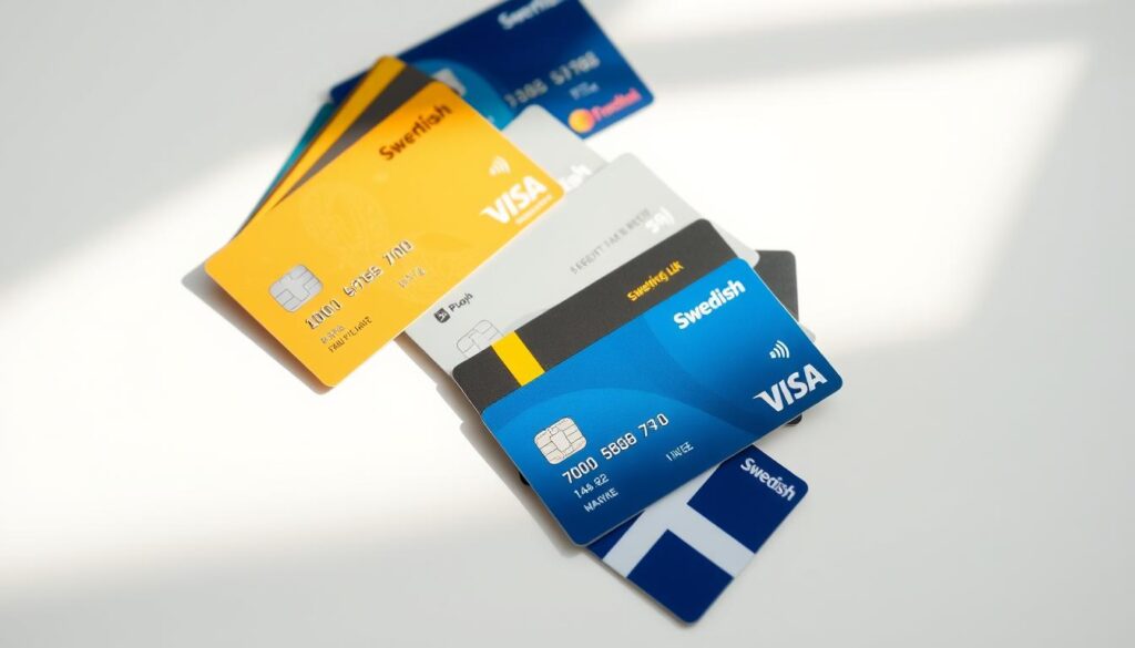 Detailed image of various Swedish bank cards arranged neatly on a clean, minimalist white background. The cards are positioned at a slight angle, creating a sense of depth and visual interest. The cards feature various colors, logos, and designs, representing the diversity of banking options available. Warm, natural lighting illuminates the scene, casting subtle shadows and highlights to accentuate the textures and materials. The overall composition conveys a sense of professionalism, practicality, and the importance of carefully considering different banking options.